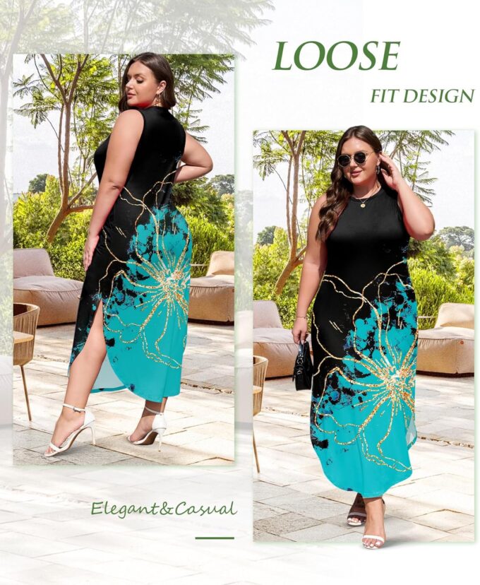 Wolddress Womens 2025 Plus Size Sleeveless Tank Dress Casual Loose Sundress Split Summer Beach Long Maxi Dresses with Pockets – Bild 3