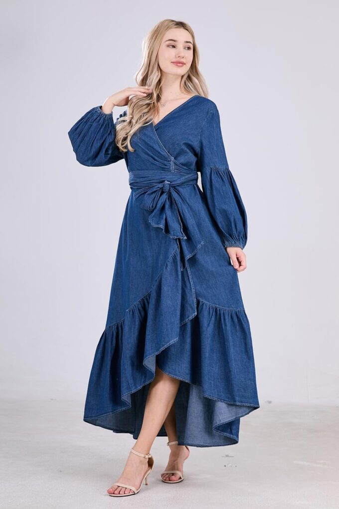 utcoco Womens Casual Belted Long Sleeve Denim Dress Wrapped V-Neck Ruffle Hem Maxi Denim Dresses for Women 2025 – Bild 5