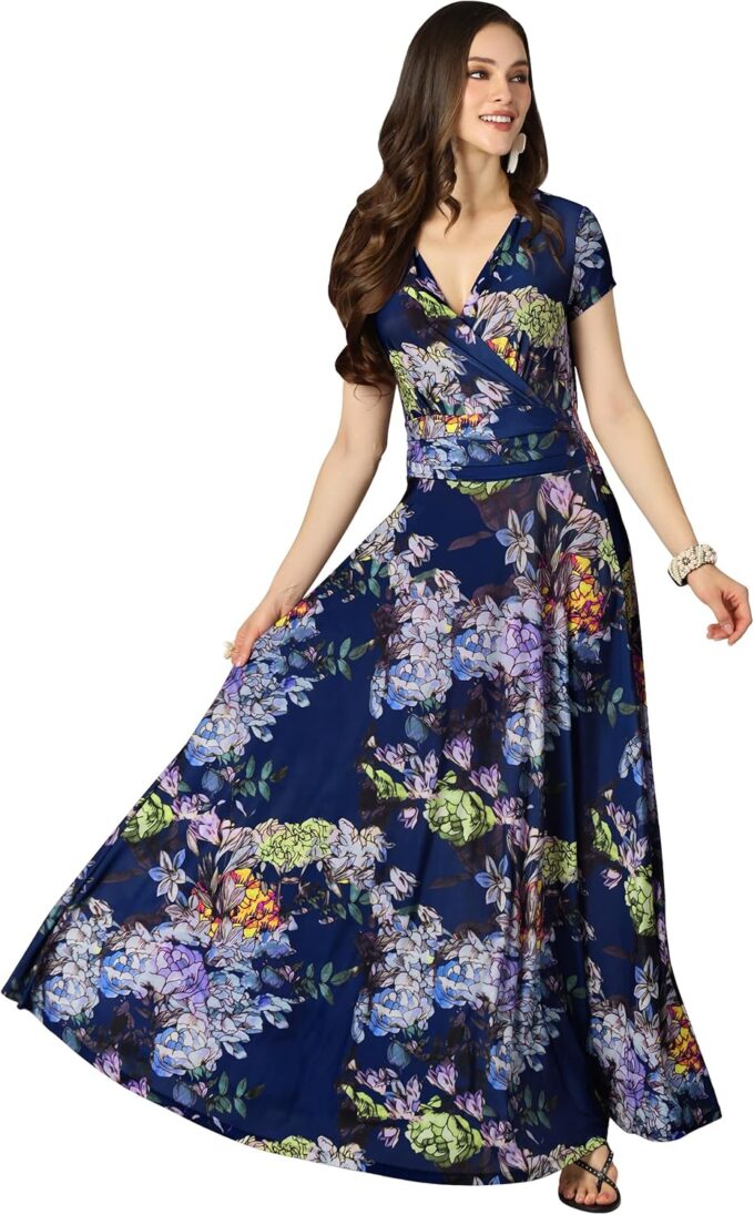 KOH KOH Womens Long Floral Print Cap Sleeve Modest Flowy Summer Maxi Dress Gown