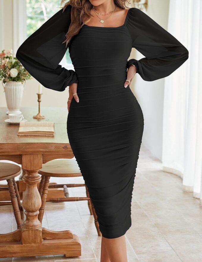 MEROKEETY Women's Long Puff Sleeve Ruched Bodycon Dress Square Neck Mesh Cocktail Party Midi Dresses – Bild 2