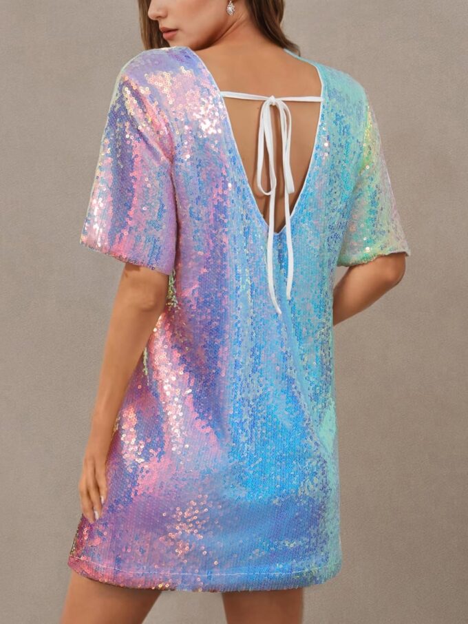 Ophestin Women's Sparkly Sequin T Shirt Dress Short Sleeve Crewneck Tie Backless Glitter Party Club Dresses – Bild 3