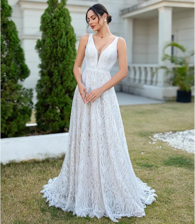 WIOJEIGO Women's Lace Boho Wedding Dress for Bride with Double Shoulders 2025 Bohemian Long A-Line Beach Bridal Gowns – Bild 4