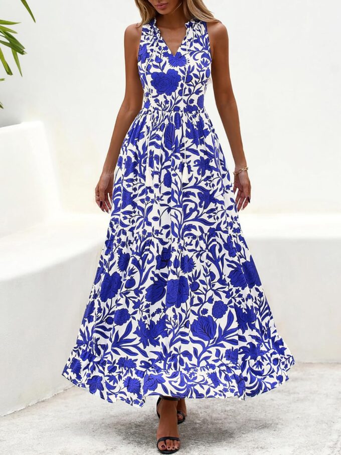 BTFBM Womens Summer Maxi Dresses 2025 Casual Sleeveless V Neck Loose Fit Floral Boho Dress Beach Long Sundress – Bild 2