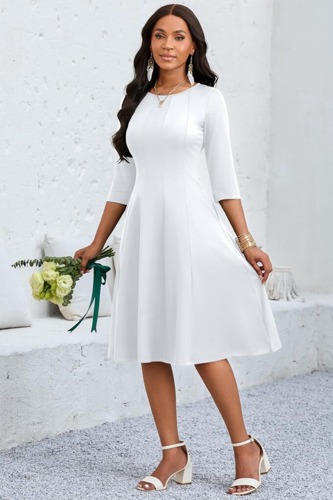 CLOCOR Casual Midi Dresses for Women A-Line Fit and Flare Elegant Church 3/4 Sleeve Crew Neck Dress with Pocket – Bild 4