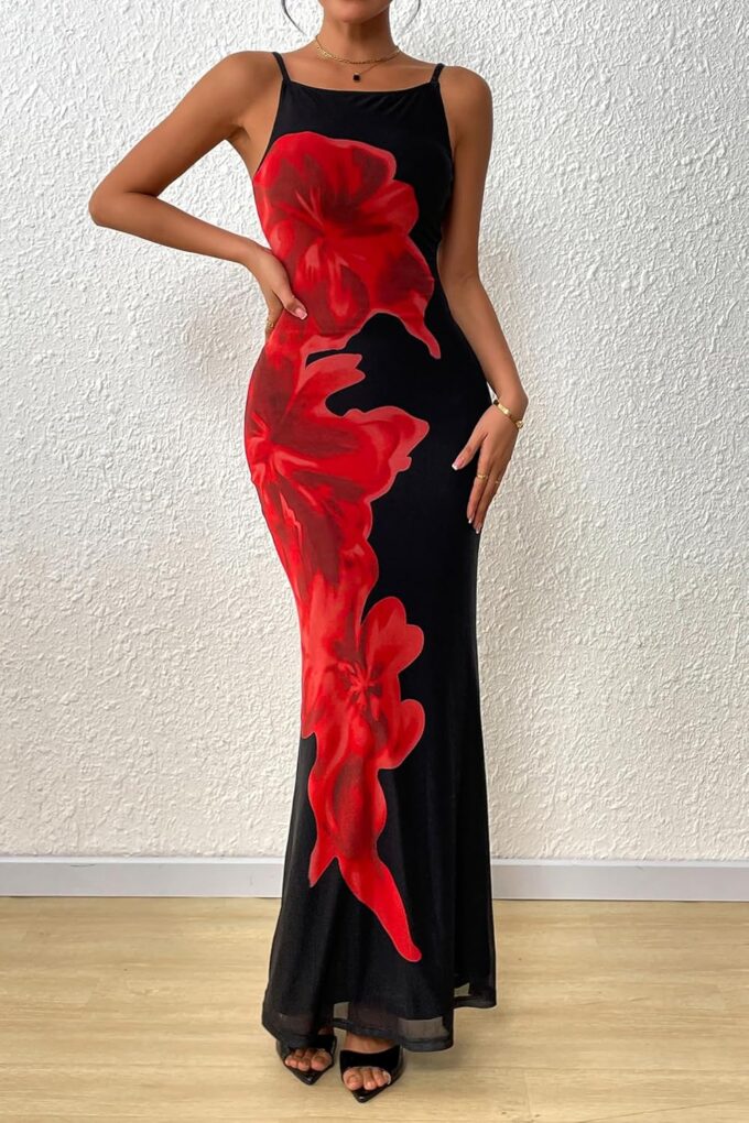 PRETTYGARDEN Womens Summer Dresses 2025 Elegant Spaghetti Straps Evening Gown Floral Print Bodycon Maxi Mesh Sundress – Bild 6