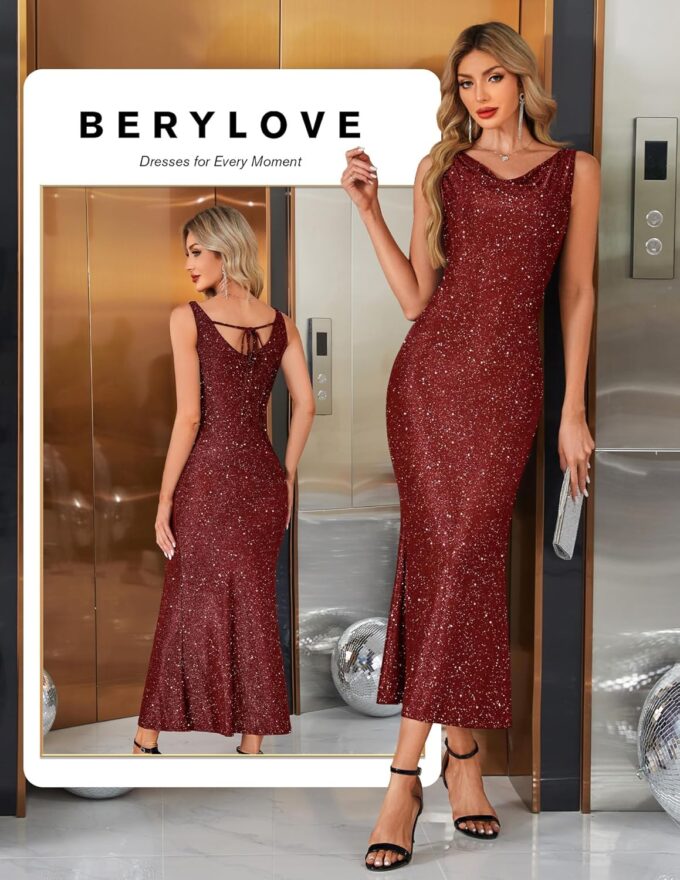 BeryLove Formal Sequin Wedding Guest Prom Cocktail Cowl Neck Bodycon Dresses – Bild 3