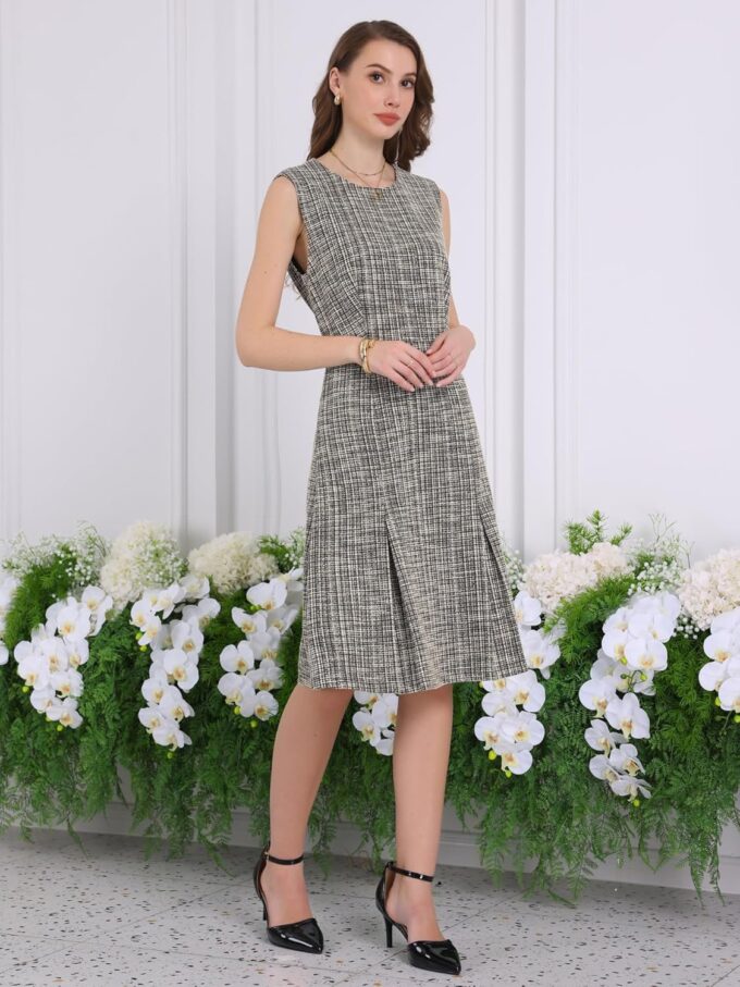 Hobemty Damen Tweed-Kleid, knielang, ärmellos, 2024, Arbeitskleid, A-Linie – Bild 4