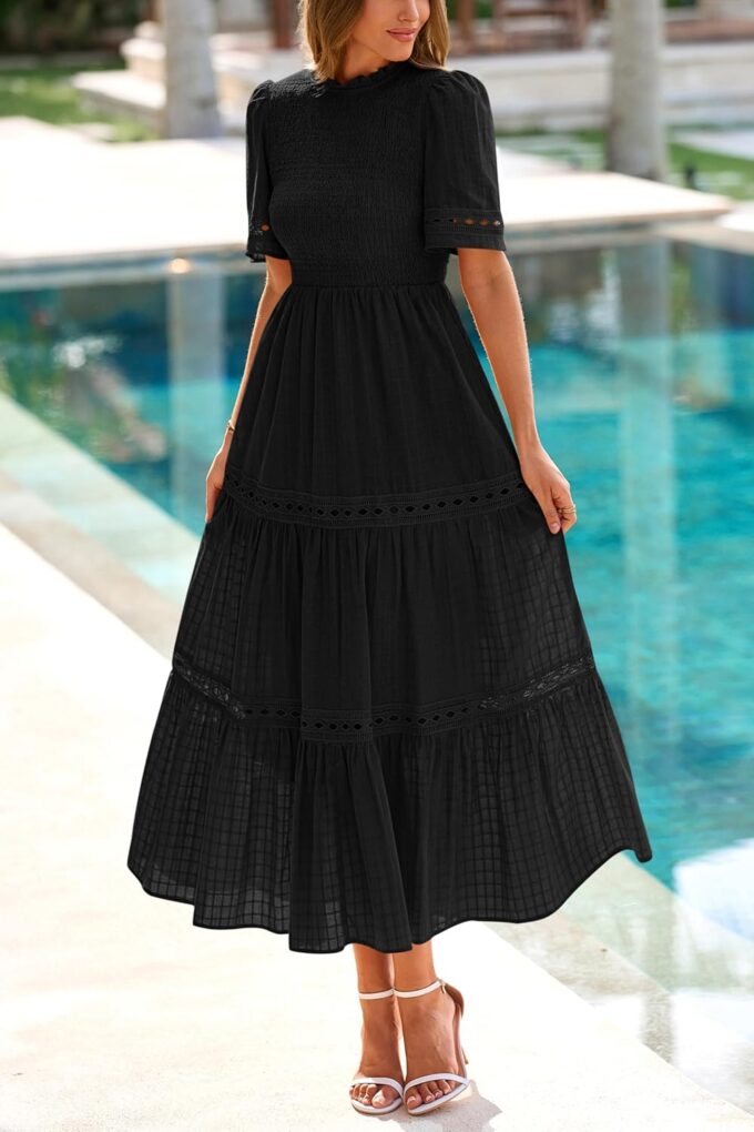 dowerme Summer Dresses for Women 2025 Casual Boho Hollow Out Short Sleeve Ruffle Mock Neck Smocked Maxi Gingham Sundress – Bild 6