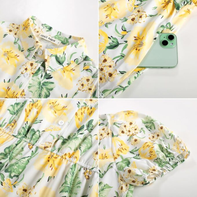 GRACE KARIN Women's 2025 Summer Floral Flowy Dresses Boho Tie Belt Short Puff Sleeve A Line Maxi Shirt Dress with Pocket – Bild 5