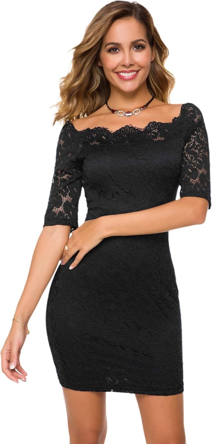 Atnlewhi Womens Vintage Lace Floral Off Shoulder Elegant Swing Dresses A-line Mini Dress for Party Cocktail Wedding – Bild 4