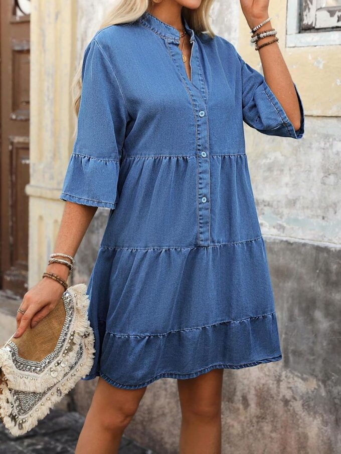 Women's Casual Denim Dress Tiered Ruffle A Line Button Down Summer Jean Dresses with 3/4 Flared Sleeves – Bild 5