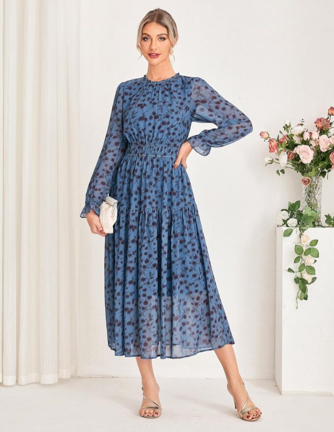 GRACE KARIN Women's Long Sleeve Maxi Dress Fall 2025 Chiffon Flowy Wedding Guest Dresses Floral Tiered Dress with Pockets – Bild 3