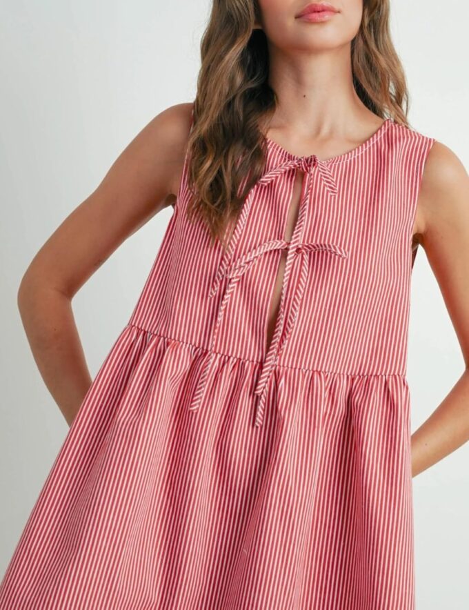 Womens Mini Red Stripe Bowknot Dress Round Neck Sleeveless A Line Casual Dresses – Bild 5