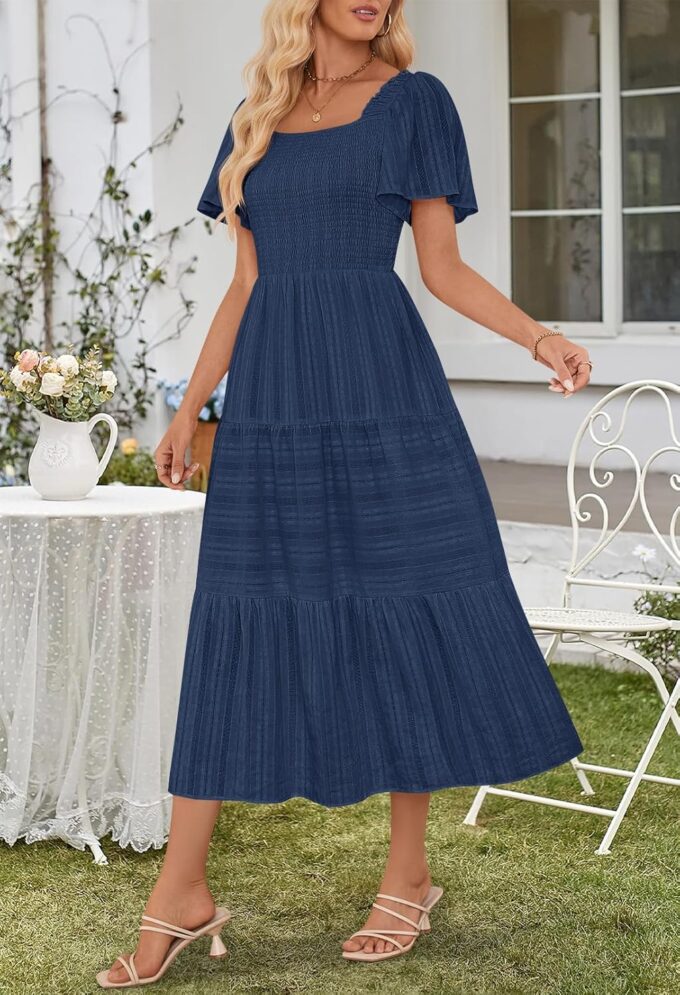 MEROKEETY Women's 2025 Summer Flowy Midi Maxi Dress Short Sleeve Square Neck Smocked Tiered Ruffle Boho Dresses with Pockets – Bild 7