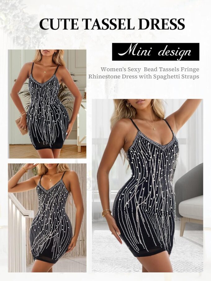 Sparkly Sequin Black Tassel Dress for Teens V Neck Short Prom Dress Glitter Bodycon Mini Dress Night Club Party Dress – Bild 3