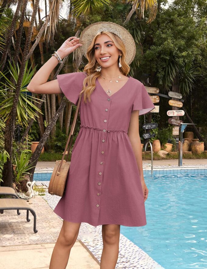 Zeagoo 2025 Spring Summer Cotton Linen Dress Beach Casual Button Down A Line Dress – Bild 2