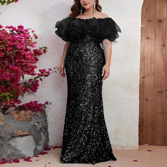 Sexy Elegant Off The Shoulder Sequin Formal Party Cocktail Bodycon Maxi Dress – Bild 2