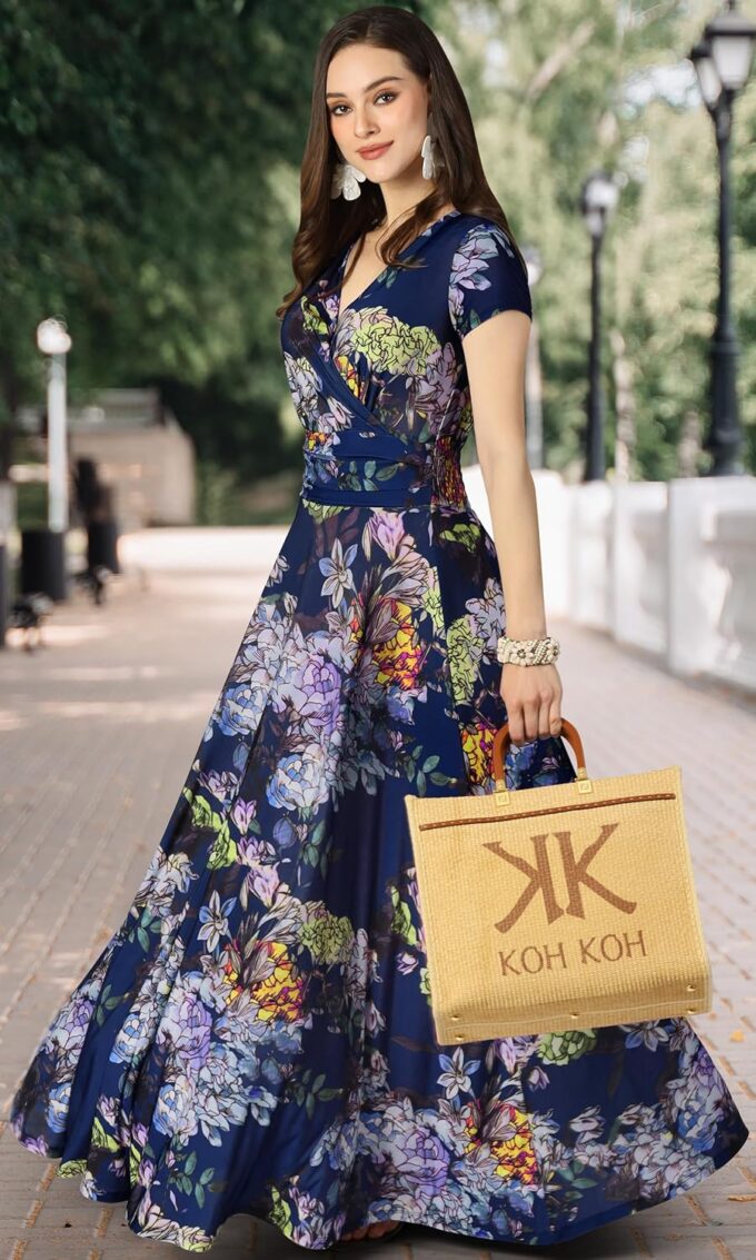 KOH KOH Womens Long Floral Print Cap Sleeve Modest Flowy Summer Maxi Dress Gown – Bild 4