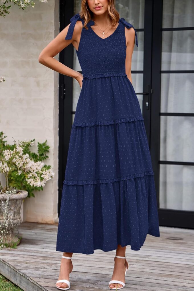 Okiwam Womens Summer Dresses 2025 Sleeveless Tie Strap Maxi Long Flowy Beach Sundresses Boho Swiss Dot Wedding Dress – Bild 5