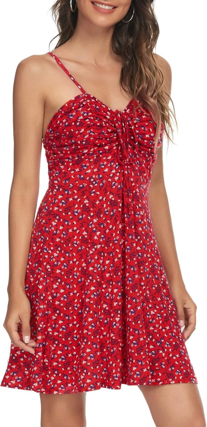 Missufe Spaghetti Strap Floral Mini Dress Women's Casual Ruched Front Drawstring Swing Sundress – Bild 3