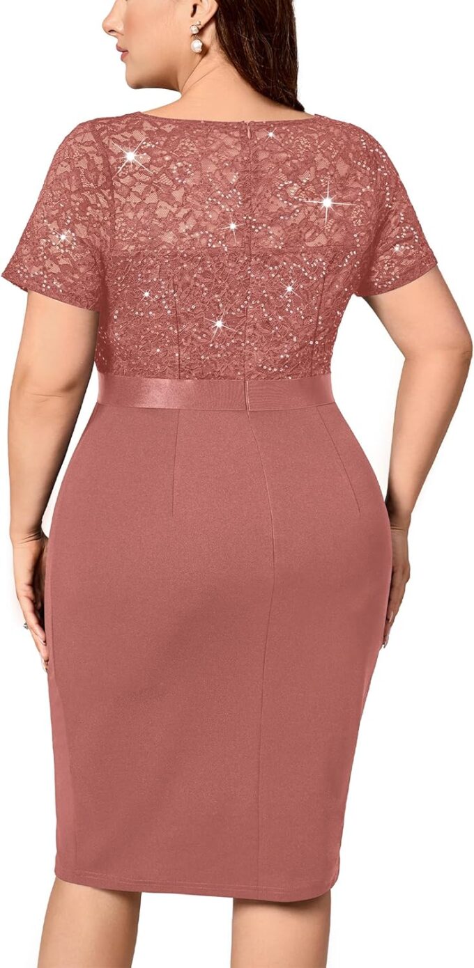 Miusol Women's Plus Size V Neck Sequin Floral Lace Contrast Ruffle Trim Slit Cocktail Dress – Bild 2