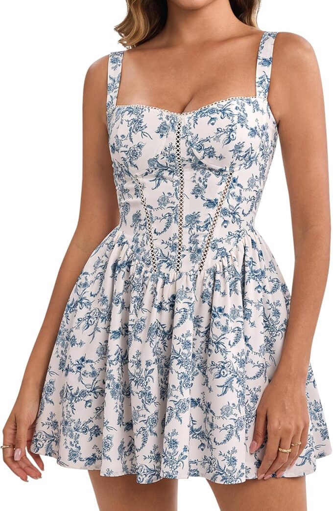 KUTUMAI Floral Corset Mini Dress Summer Flowy A Line Smocked Short Dresses for Women 2025 Sundress with Pockets