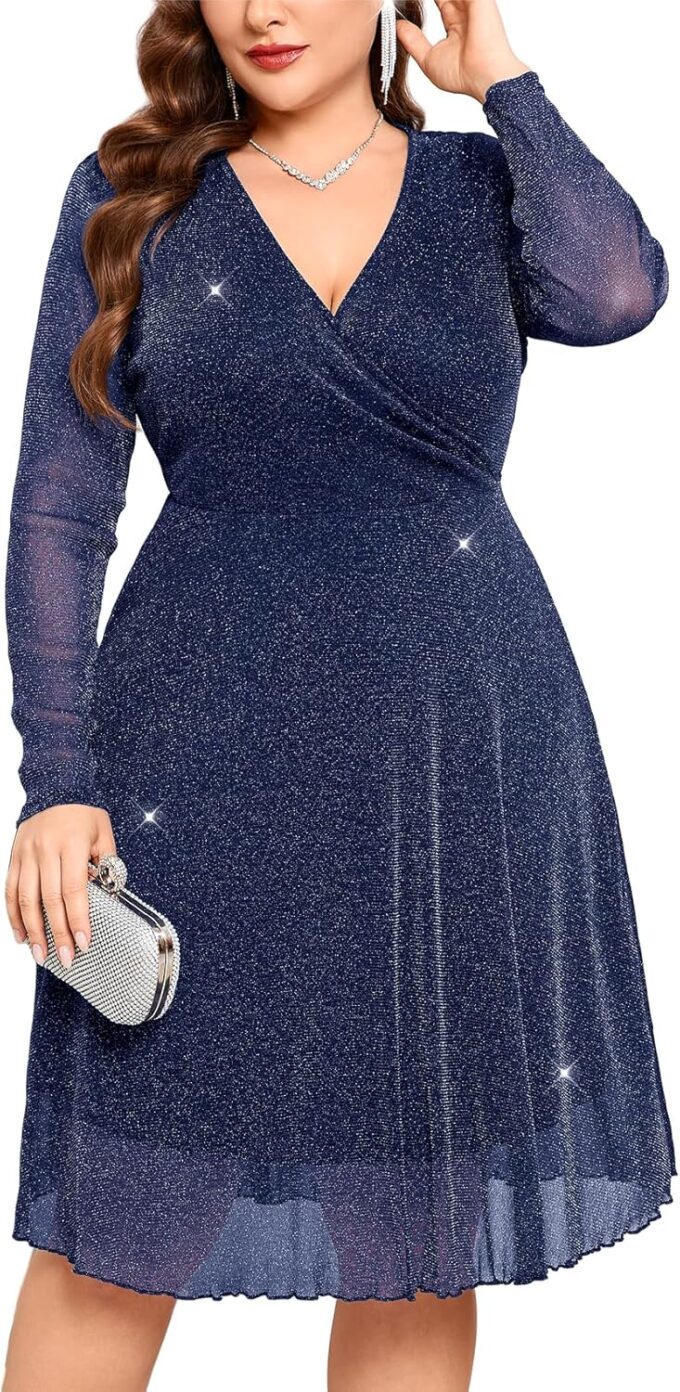CYCLAMEN Plus Size Glitter Dress Sparkly Mesh Long Sleeve Wrap V Neck A Line for Wedding Guest Cocktail Club Nights
