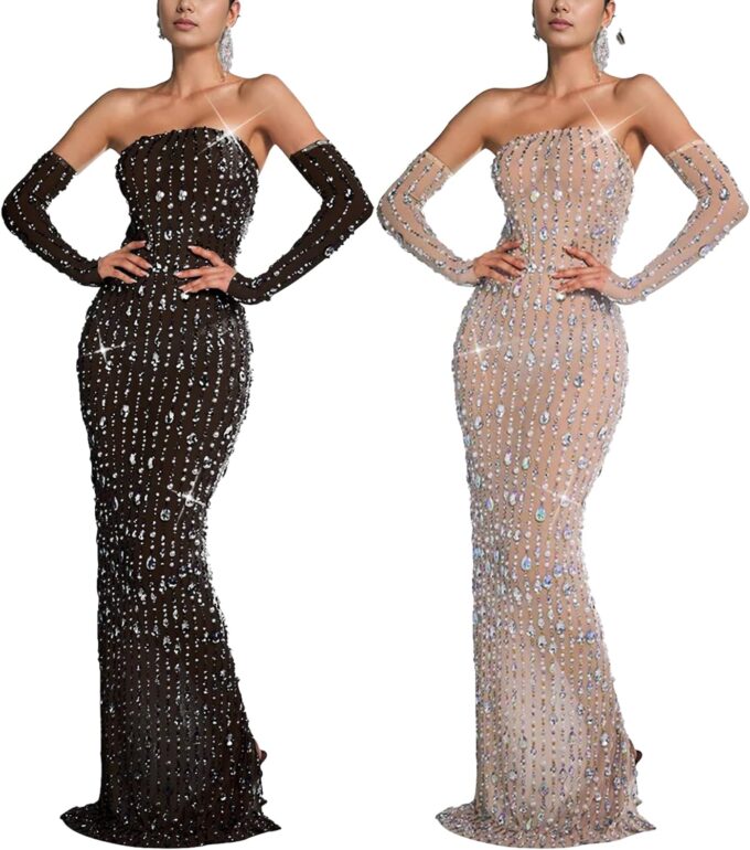 PORRCEY Women's Hot Drilling Craft Sexy Long Sleeve Mesh See Through Party Club Night Rhinestone Dress – Bild 4