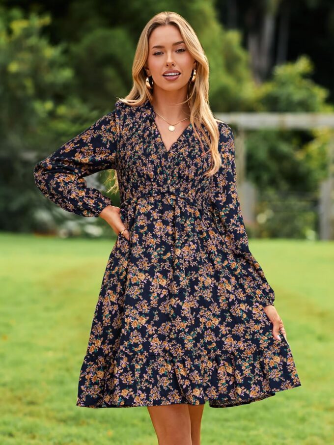 Womens 2025 Long Sleeve Babydoll Mini Dress Smocked Chiffon Floral Fall Flowy Casual Short Dresses with Pockets – Bild 6