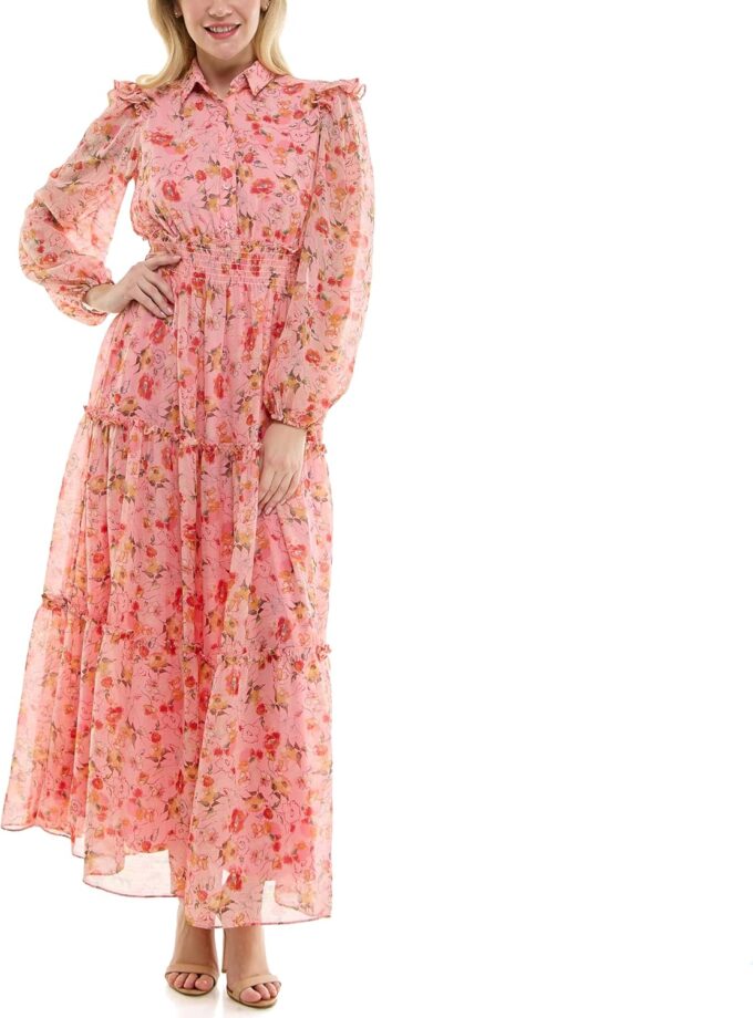 Women's Long Sleeve Floral Button-Front Smock Waist Maxi Dress – Bild 5