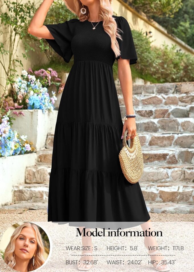 KIRUNDO Womens Fashion 2025 Spring Summer Casual Flutter Short Sleeve Midi Dress Smocked Tiered Aline Going Out Dresses – Bild 3