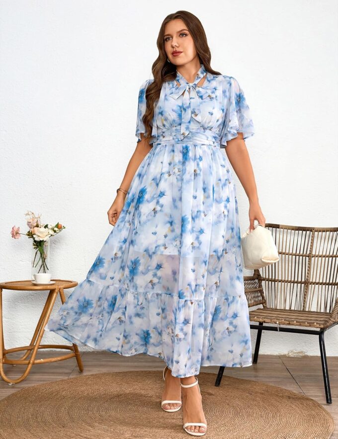 Women's 2025 Floral Summer Dress Smocked V Neck Boho Plus Size Beach Party Wedding Guest Ruffle Long Dresses – Bild 4