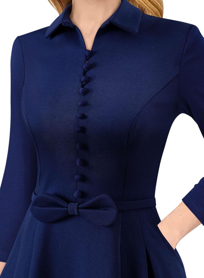 VFSHOW Damen 2024 Business Arbeit Büro Kragen V-Ausschnitt Schleife Gürtel Taschen Knöpfe Slim Vintage Fit und Flare A-Linie Kleid – Bild 3