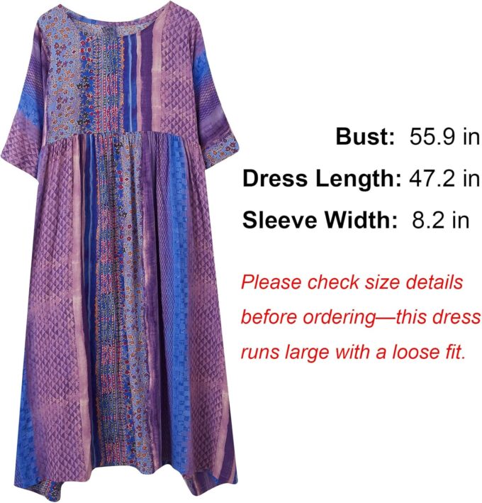 Women Summer Dress with Pockets Plus Size Boho Floral Print Round Neck Loose Casual Purple Flowy Dress – Bild 2