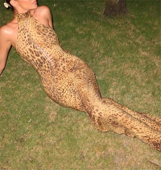 Maxi Dress Halter Neck Sleeveless Leopard Print Lace-up Backless Chic Irregular Hem Sexy Vacation Beach Dress – Bild 2