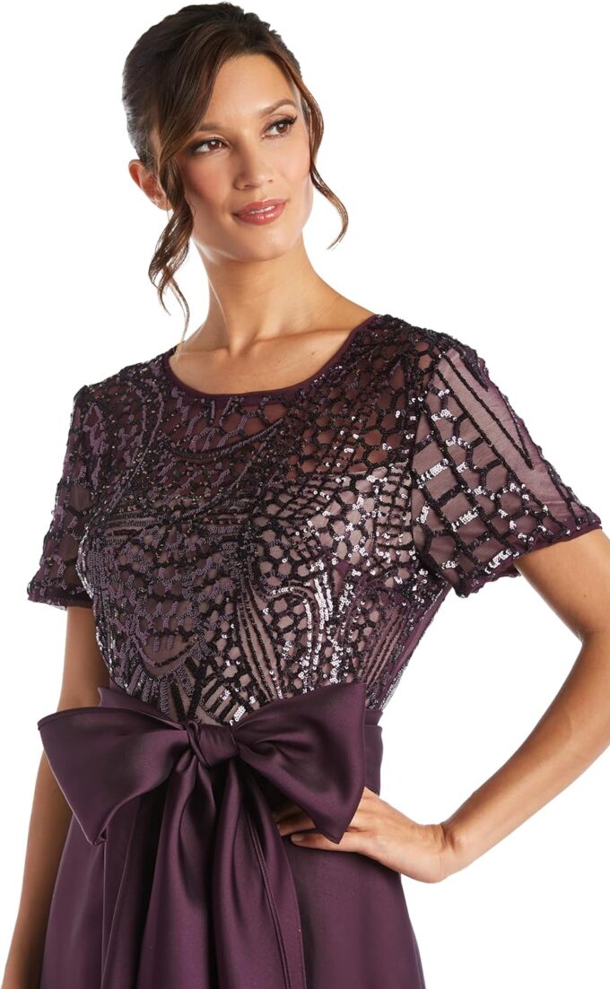 R&M Richards Celestial Sparkle High-Low Sequin Power Mesh Bodice Gown W/Satin Skirt & Bow at Waist – Bild 2