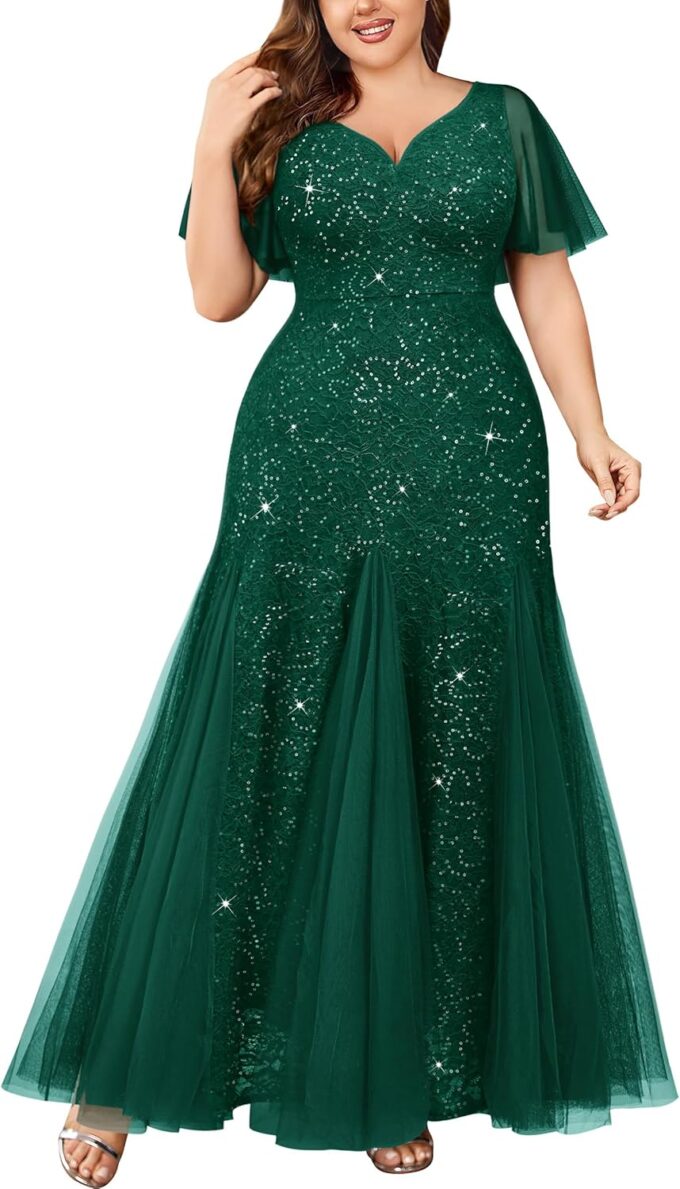 Miusol Women's Plus Size Sequins Lace Tulle Mermaid Hemline Sweetheart V Neck Formal Evening Party Maxi Dress