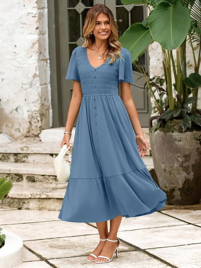 Simplee Womens Summer Smocked Flowy Dress - Casual Flutter Sleeve Tiered Boho Maxi Dresses with Pockets – Bild 4