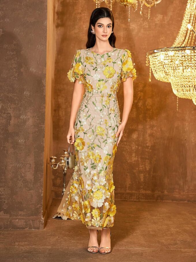 Women's 3D Floral Embroidery Dress Ruffle Sleeve Fishtail Lace Bodycon Party Cocktail Mini Dress – Bild 3