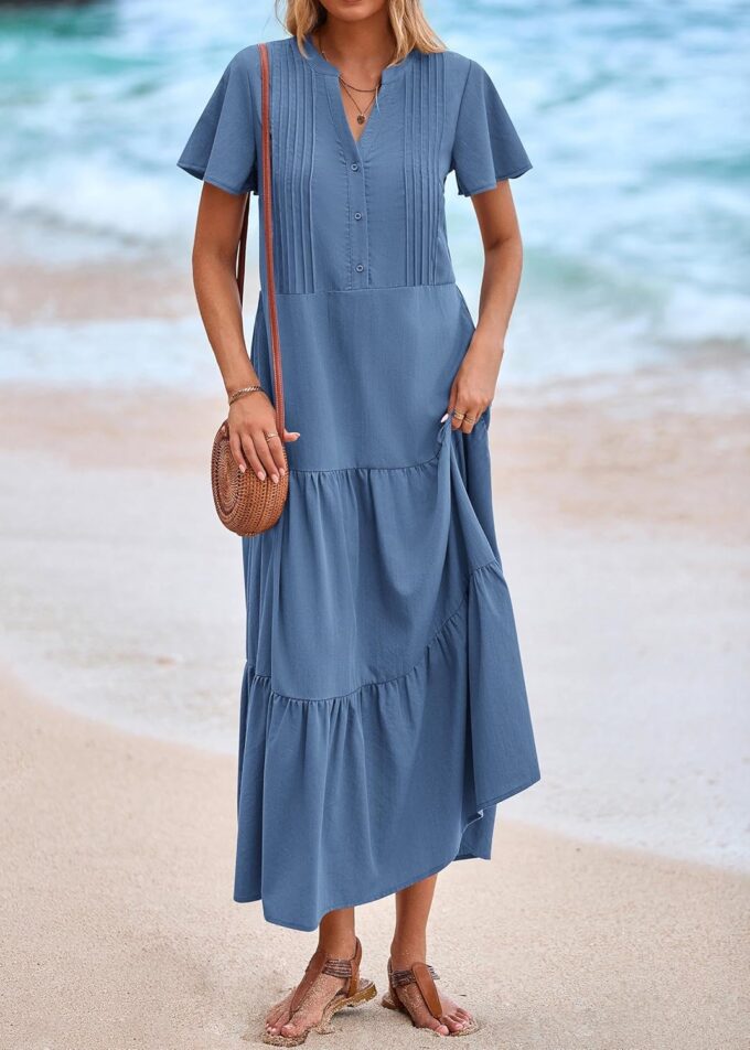 KIRUNDO Summer Maxi Dresses for Women 2025 Spring Fashion Short Sleeve Button V Neck Pleated Loose Tiered Swing Flowy Dress – Bild 6