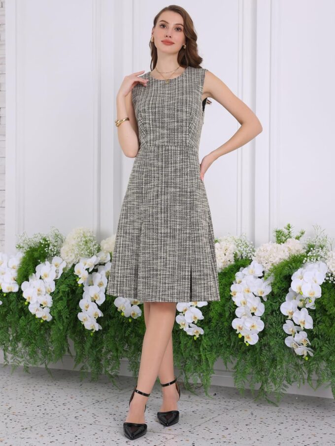 Hobemty Damen Tweed-Kleid, knielang, ärmellos, 2024, Arbeitskleid, A-Linie – Bild 2