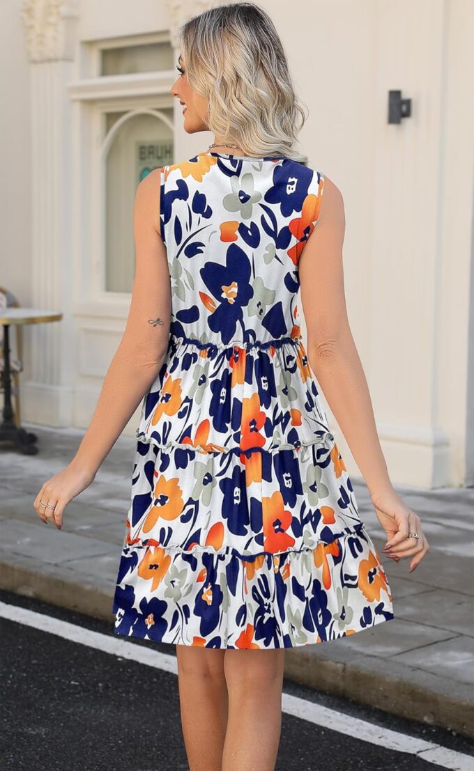 Womens Dresses V Neck Sleeveless Spaghetti Strap with O Ring A Line Tiered Smocked Casual Flowy 2025 Beach Mini Dress – Bild 5