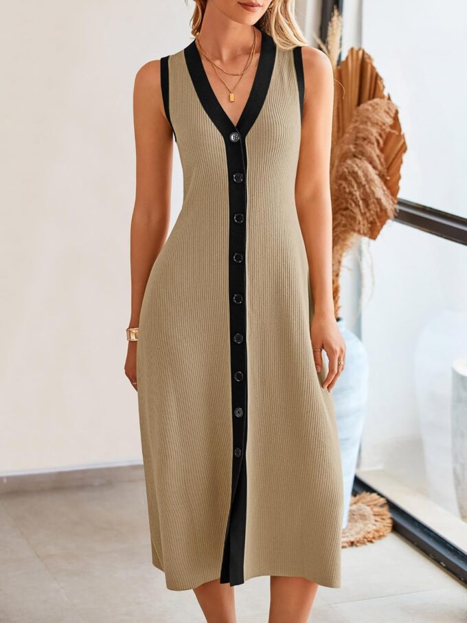 Saodimallsu Womens Summer Button Down Sweater Dresses Sleeveless V Neck Casual Ribbed Knit Color Block Midi Tank Dress – Bild 2