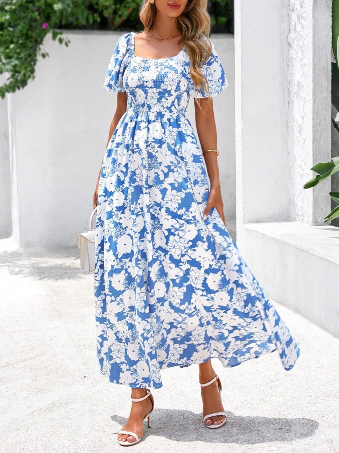 BTFBM Womens Summer 2025 Casual Maxi Dresses Short Sleeve Smocked Tiered Floral Boho Long Beach Dress with Pockets – Bild 5