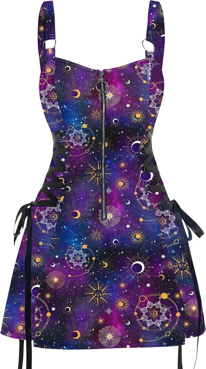 FEAPHY Women's Gothic Dress Galaxy Sun Star Sleeveless Zip Front Lace Up A-Line Mini Dress – Bild 2