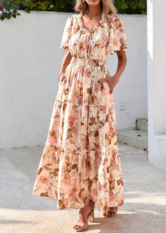 KIRUNDO Womens Summer Boho Floral Maxi Dress Flutter Short Sleeve V Neck Ruffle Tiered Flowy Beach Wedding Guest Dresses – Bild 7