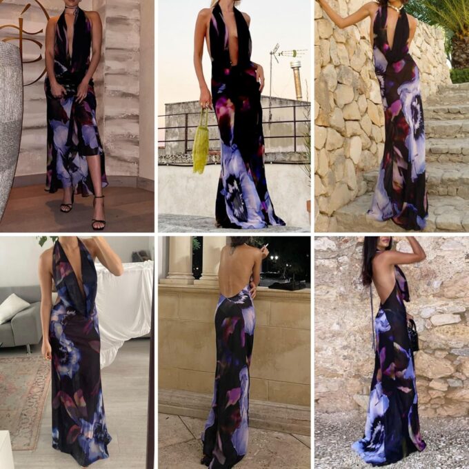 Women's Sexy Purple Print Backless Maxi Dress Elegant Sleeveless Draped Cowl Neck Bodycon Summer Beach Cocktail Party Dress – Bild 5