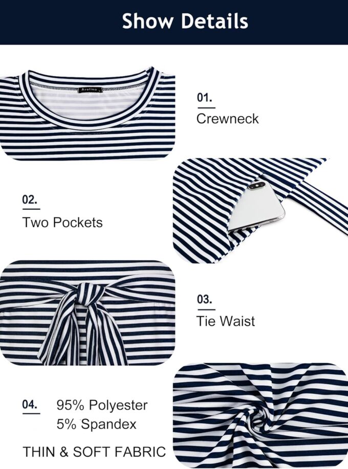 Arolina Womens Summer Short Sleeve Striped T Shirt Dress Casual Midi Dresses Crewneck Tie Waist with Pockets – Bild 5