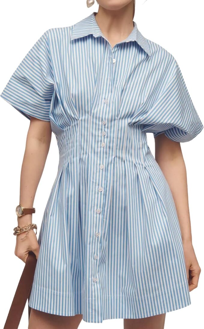 Womens Summer Short Sleeve Button Front Pleated Shirt Dress Striped Collar V Neck Casual Y2k Swing Short Mini Dress