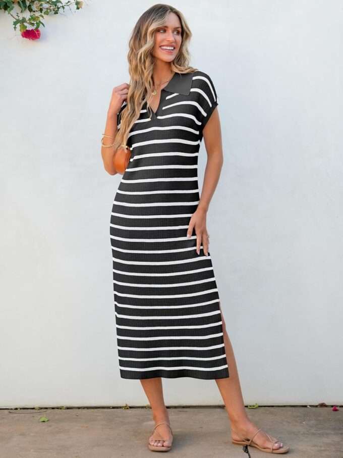 ANRABESS Women's Summer Striped Midi Dress 2025 Casual Short Sleeve V Neck Loose Knitted Side Slit Long Beach Dresses – Bild 3